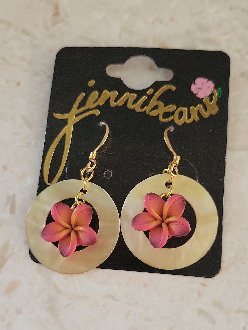 Jennibeans Pink Plumeria Surrounded By Mother Of Pearl Hoop Drop Earrings